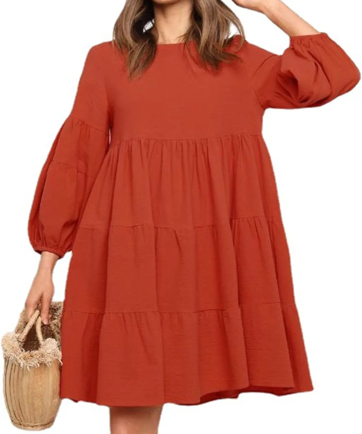 Women's Lantern Long Sleeve Ruffle Round Neck Tiered Mini Babydoll Dress Casual Loose Flowy Swing Tunic Dresses 2024