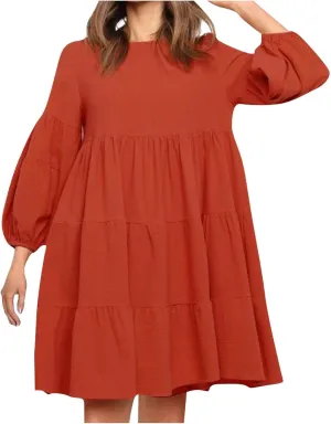 Women's Lantern Long Sleeve Ruffle Round Neck Tiered Mini Babydoll Dress Casual Loose Flowy Swing Tunic Dresses 2024