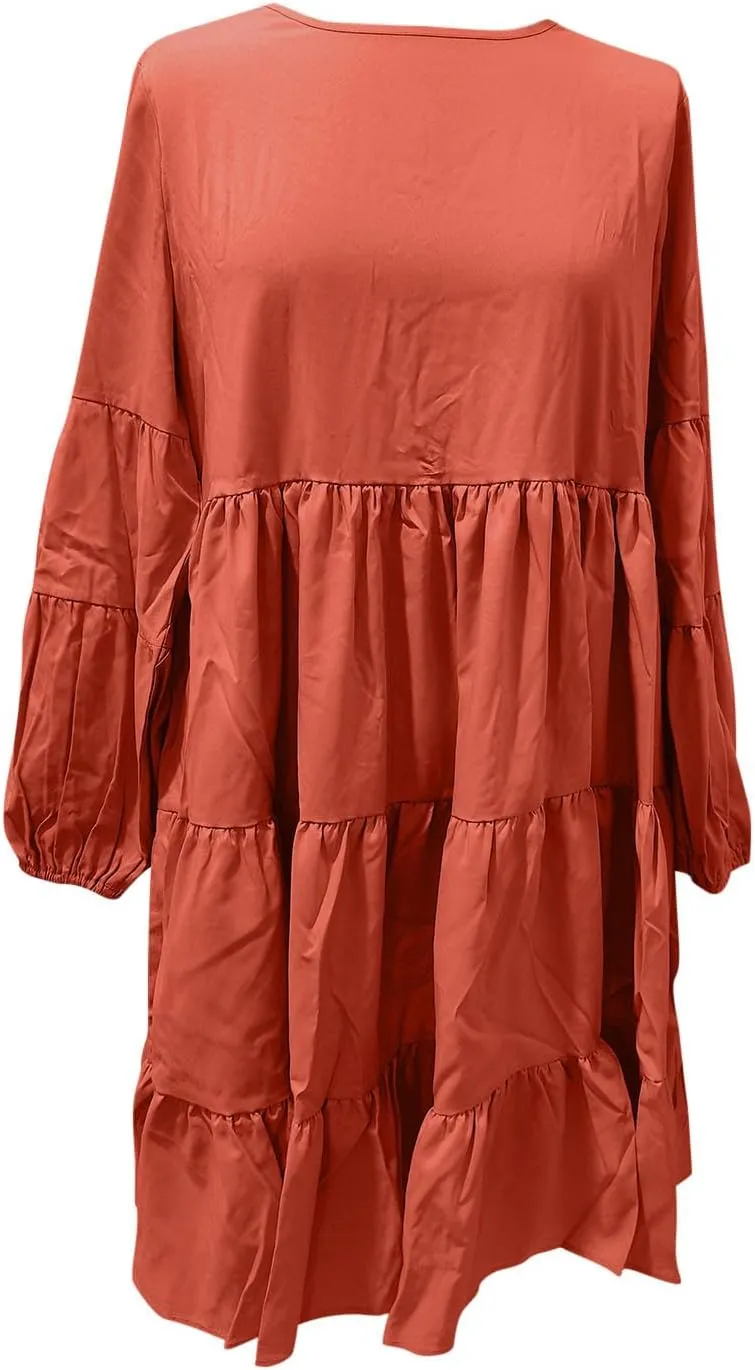 Women's Lantern Long Sleeve Ruffle Round Neck Tiered Mini Babydoll Dress Casual Loose Flowy Swing Tunic Dresses 2024