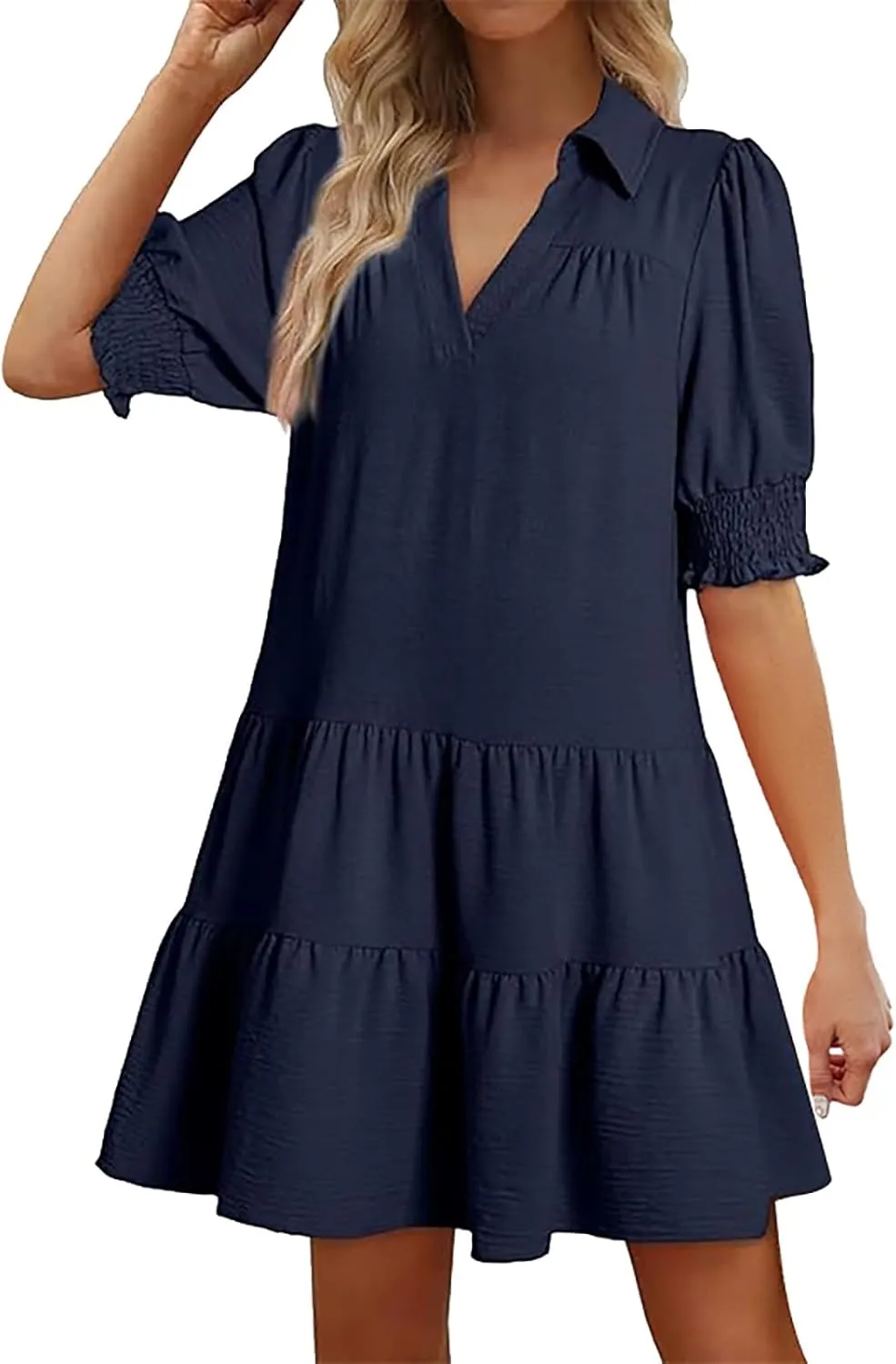 Womens Lapel V Neck Cute Shift Tierd Dress with Pockets Bell Sleeve Ruffle Hem Loose Swing Summer Tunic Mini Dress