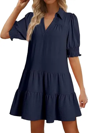 Womens Lapel V Neck Cute Shift Tierd Dress with Pockets Bell Sleeve Ruffle Hem Loose Swing Summer Tunic Mini Dress