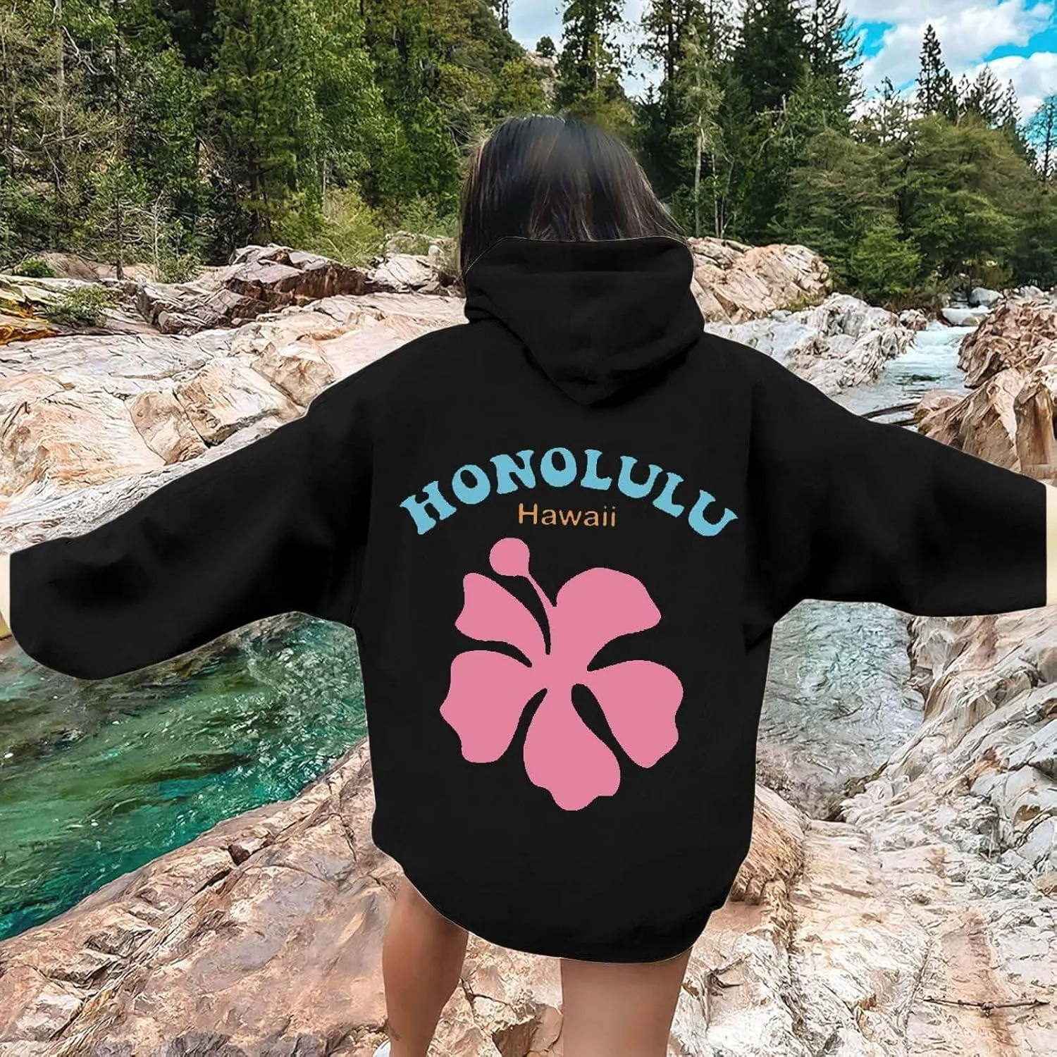 Womens Letter Floral Print Hoodie 2024 Oversized Baggy Trendy Thermal Sweatshirts Cozy Hip Hop Y2K Casual Streetwear