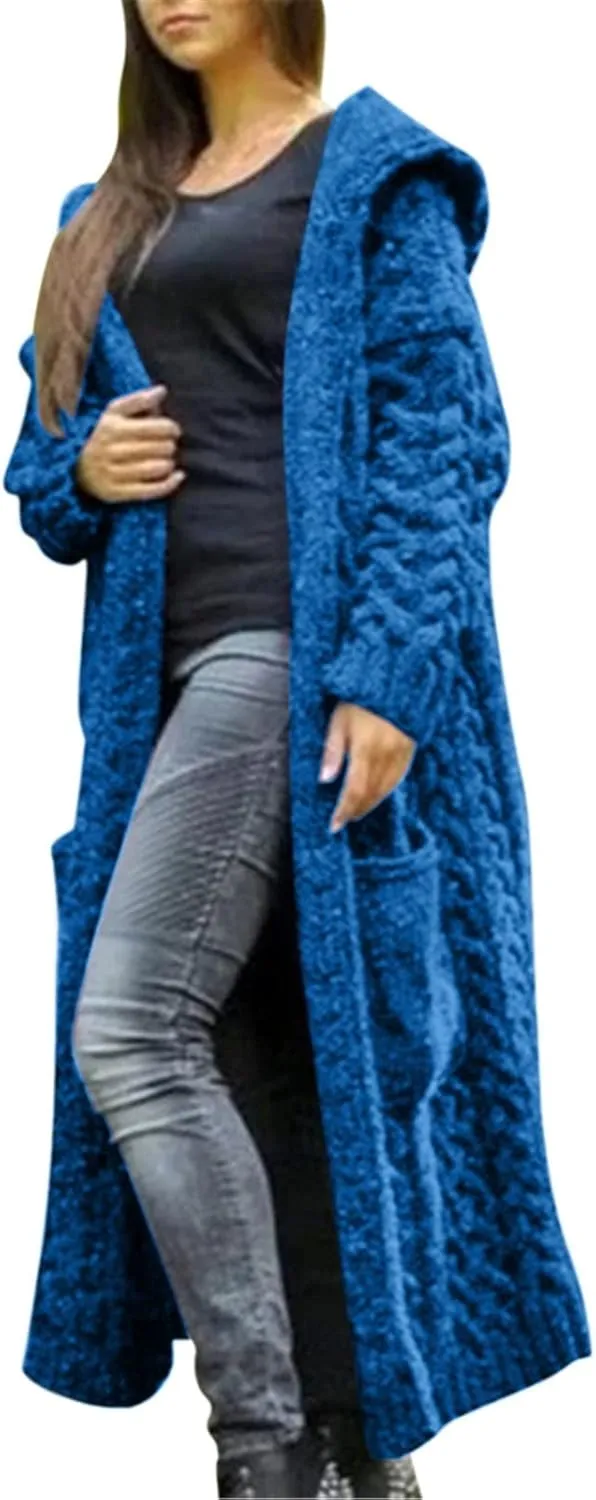 Womens Long Cardigan Sweaters Open Front Oversize Casual Cable Knit Hoodies Long Sleeve Fashion Winter Coats Pockets