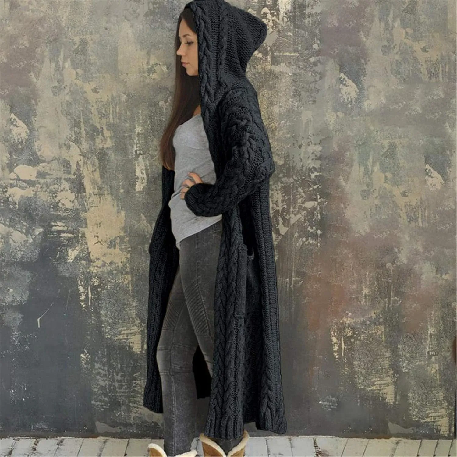 Womens Long Cardigan Sweaters Open Front Oversize Casual Cable Knit Hoodies Long Sleeve Fashion Winter Coats Pockets