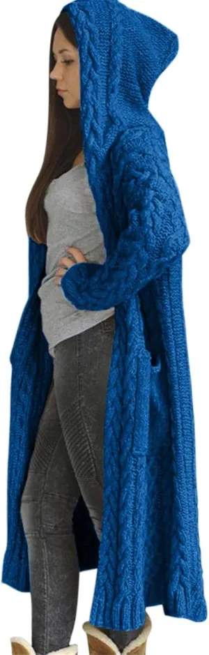Womens Long Cardigan Sweaters Open Front Oversize Casual Cable Knit Hoodies Long Sleeve Fashion Winter Coats Pockets