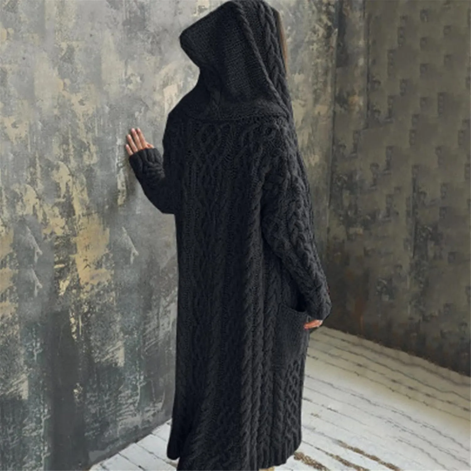 Womens Long Cardigan Sweaters Open Front Oversize Casual Cable Knit Hoodies Long Sleeve Fashion Winter Coats Pockets
