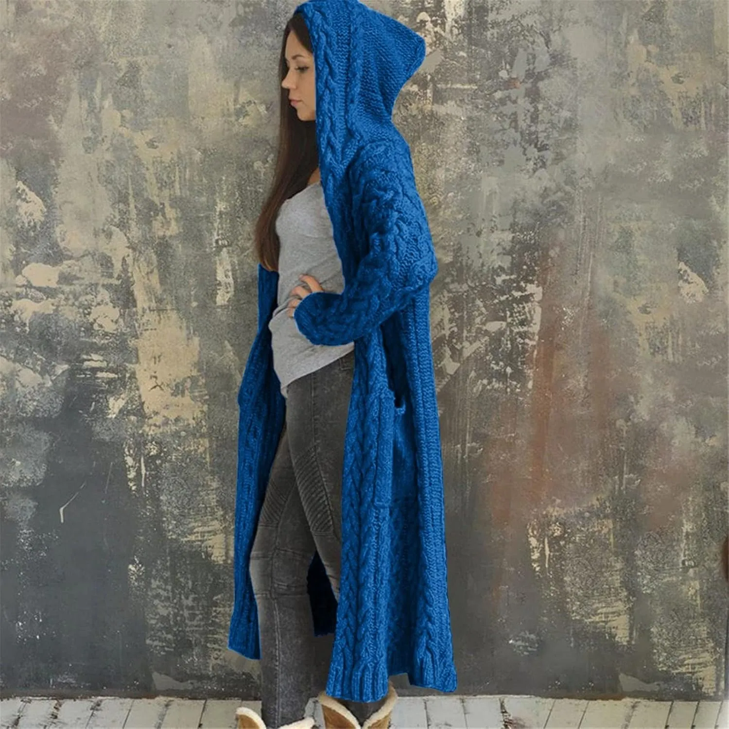 Womens Long Cardigan Sweaters Open Front Oversize Casual Cable Knit Hoodies Long Sleeve Fashion Winter Coats Pockets