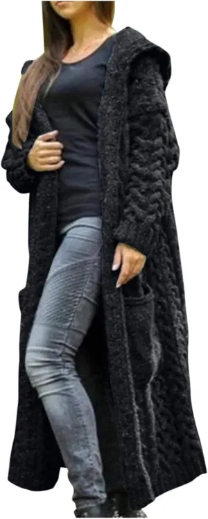 Womens Long Cardigan Sweaters Open Front Oversize Casual Cable Knit Hoodies Long Sleeve Fashion Winter Coats Pockets