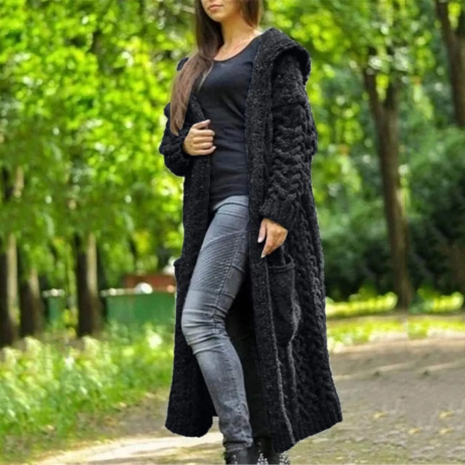 Womens Long Cardigan Sweaters Open Front Oversize Casual Cable Knit Hoodies Long Sleeve Fashion Winter Coats Pockets