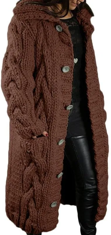 Women's Long Cardigan with Hood Chunky Cable Knit Overcoat Open Front Sweater Cardigan Outerwear with Pockets
