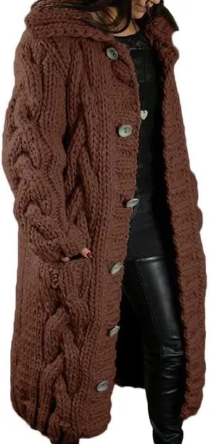 Women's Long Cardigan with Hood Chunky Cable Knit Overcoat Open Front Sweater Cardigan Outerwear with Pockets