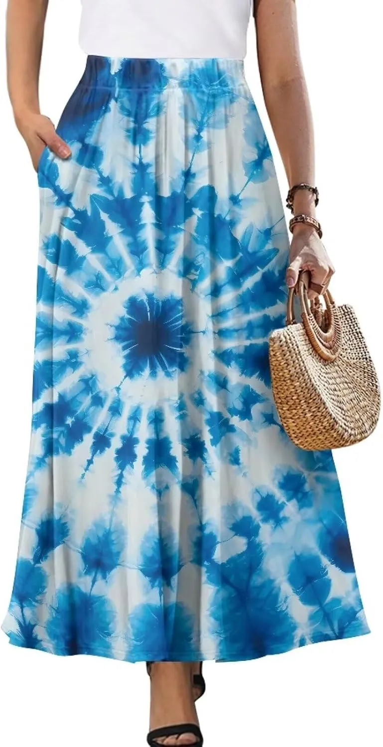 Women's Long Maxi Skirts Casual High Waist Pleated Skirts with Pockets Ankle Length Fashion Flowy Swing Skirts