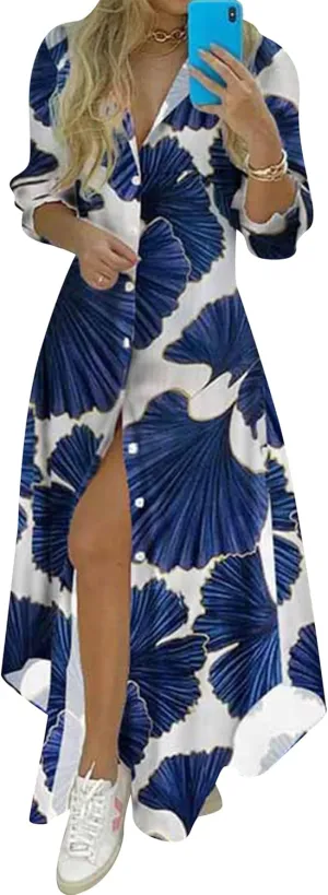 Women's Long Sleeve Ankle Length Dress Daily Casual Printed Dresses Button Down Lightweight Maxi Dress