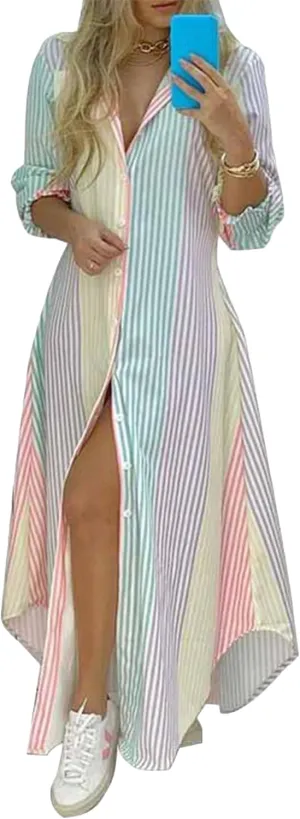 Women's Long Sleeve Ankle Length Dress Daily Casual Printed Dresses Button Down Lightweight Maxi Dress