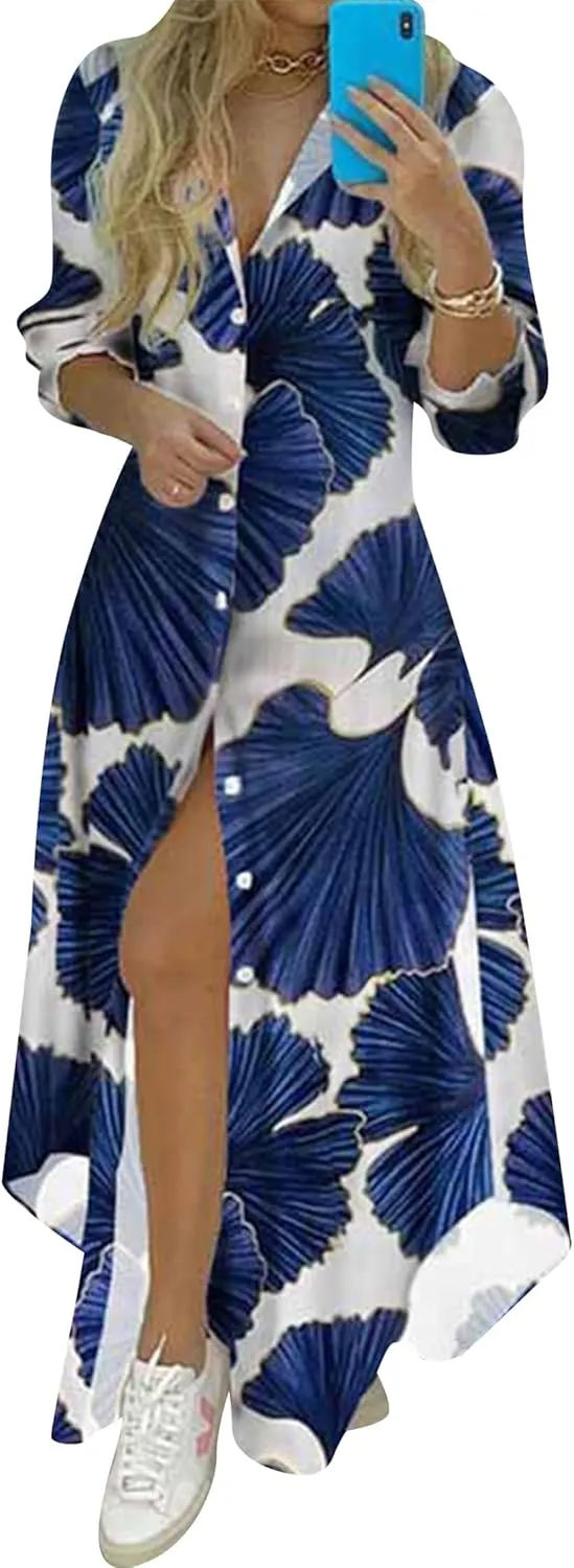 Women's Long Sleeve Ankle Length Dress Daily Casual Printed Dresses Button Down Lightweight Maxi Dress