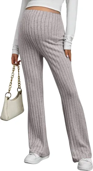 Women's Maternity Casual Adjustable High Waist Solid Flare Leg Ribbed Knit Pants Trousers