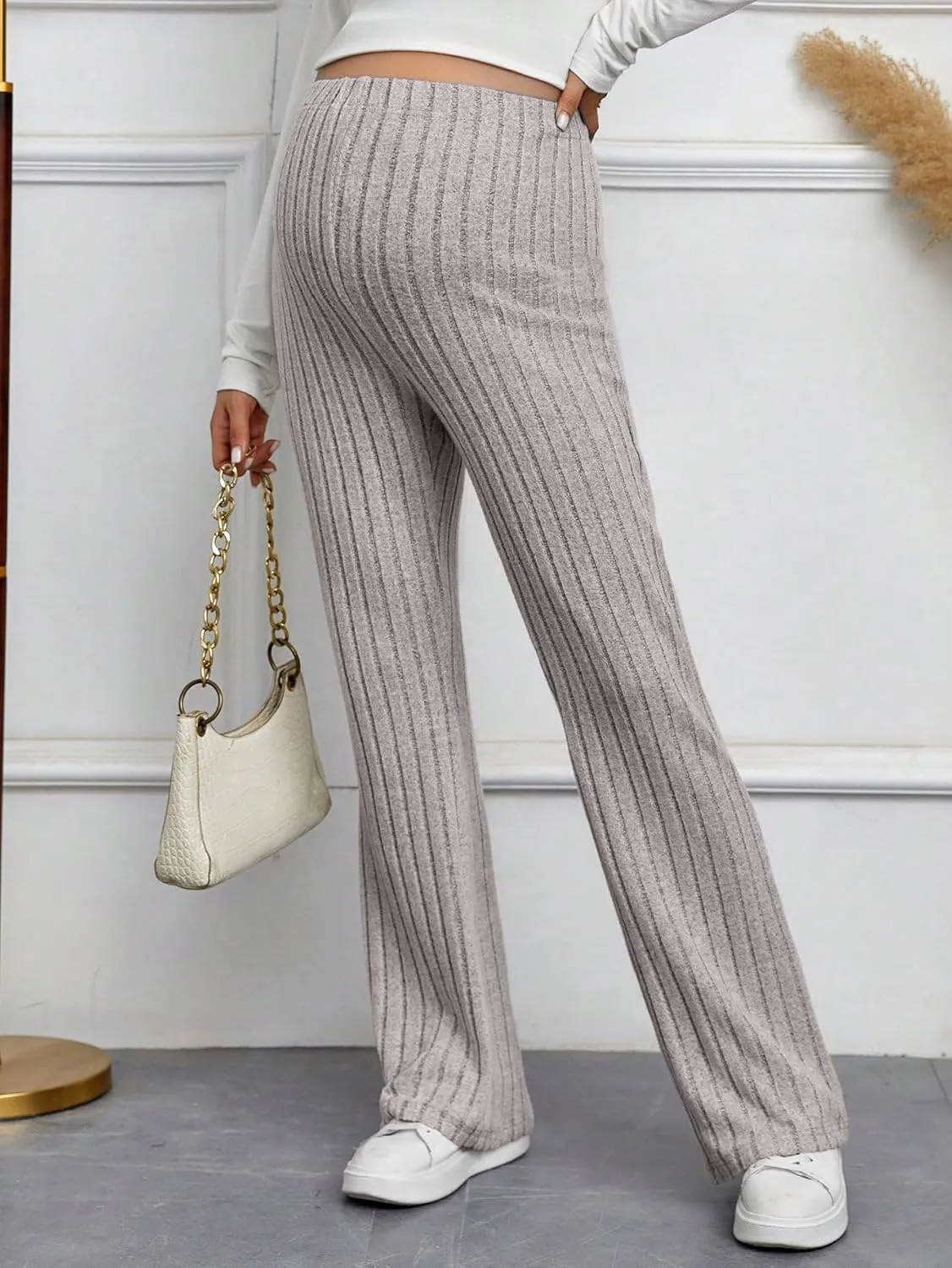 Women's Maternity Casual Adjustable High Waist Solid Flare Leg Ribbed Knit Pants Trousers