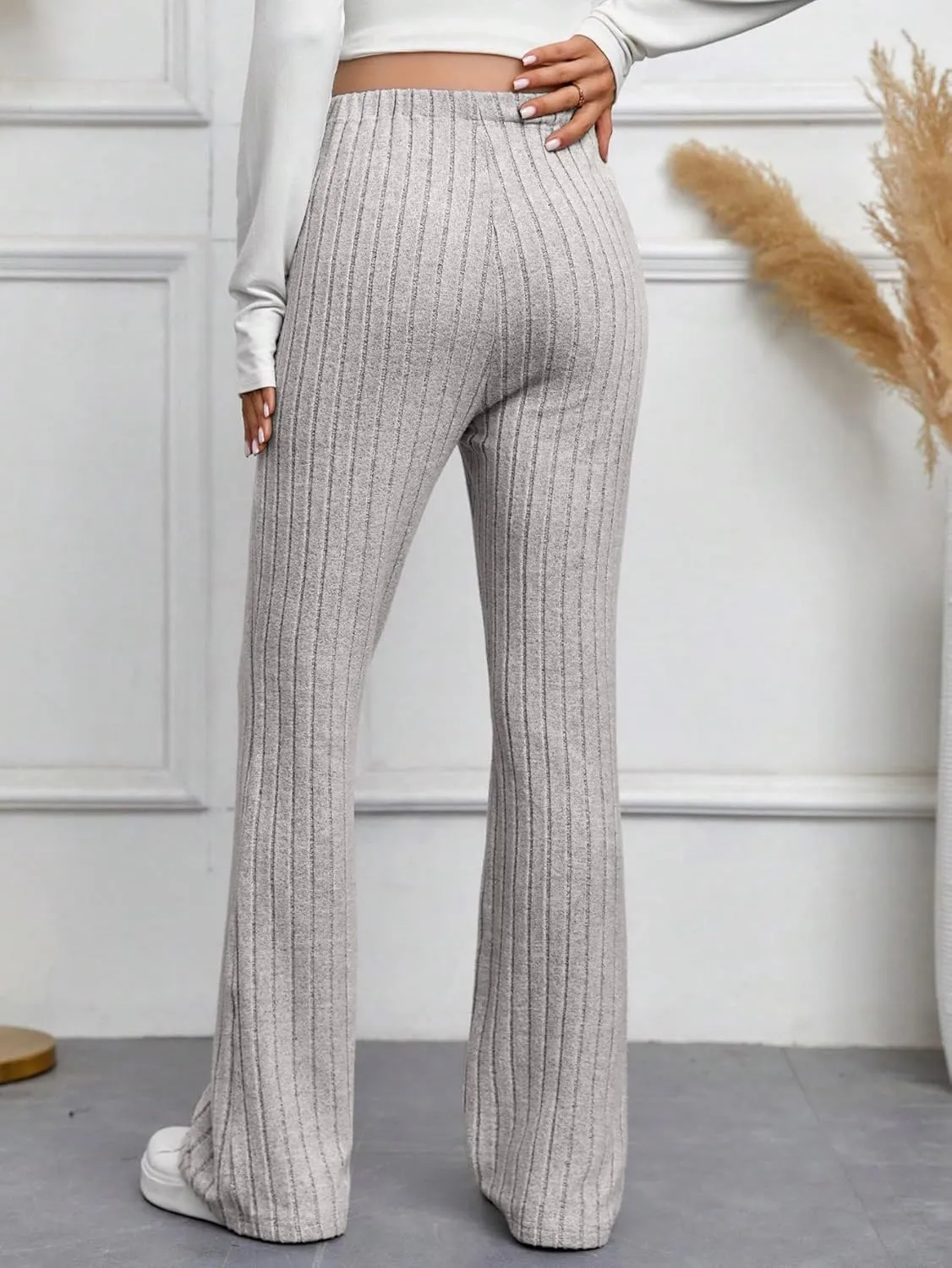 Women's Maternity Casual Adjustable High Waist Solid Flare Leg Ribbed Knit Pants Trousers