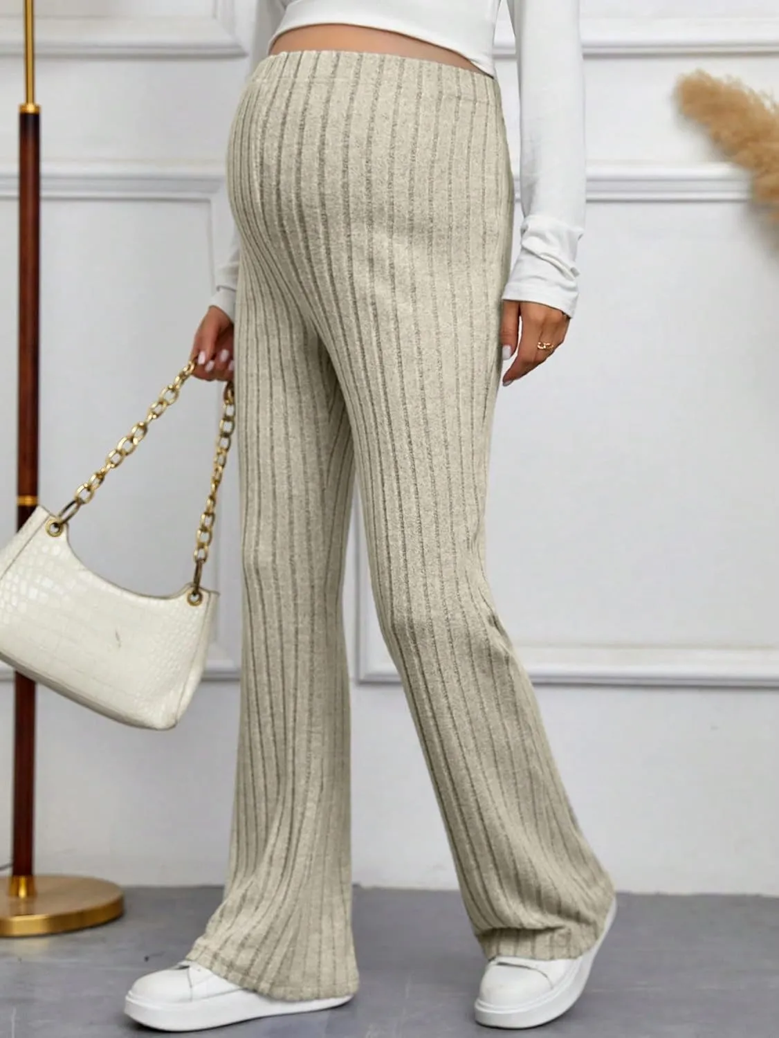 Women's Maternity Casual Adjustable High Waist Solid Flare Leg Ribbed Knit Pants Trousers