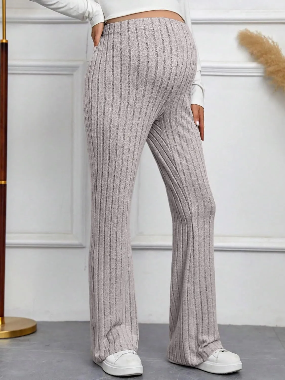 Women's Maternity Casual Adjustable High Waist Solid Flare Leg Ribbed Knit Pants Trousers