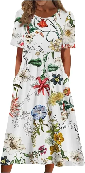 Women's Maxi Dress 2025 Summer Casual Colorful Loose Flowy Boho Crewneck Short Sleeve Dresses Beach Vacation Clothes