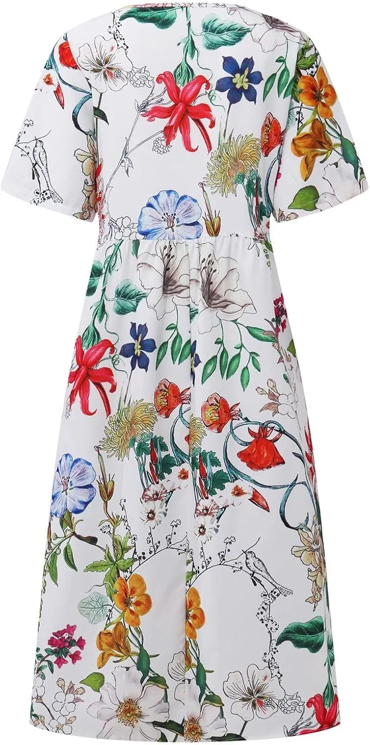 Women's Maxi Dress 2025 Summer Casual Colorful Loose Flowy Boho Crewneck Short Sleeve Dresses Beach Vacation Clothes