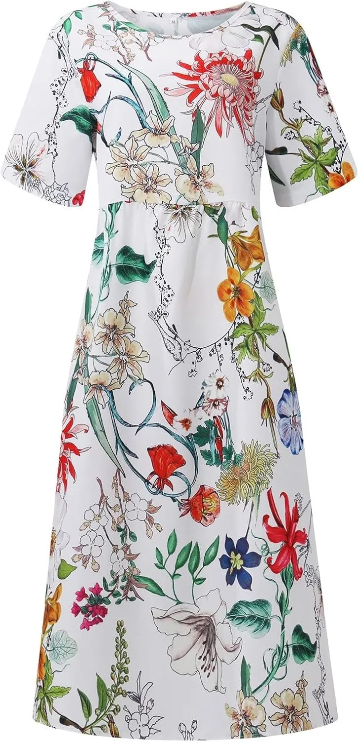 Women's Maxi Dress 2025 Summer Casual Colorful Loose Flowy Boho Crewneck Short Sleeve Dresses Beach Vacation Clothes