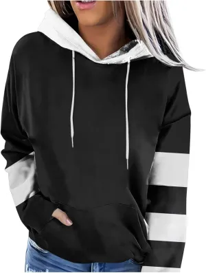 Women's Oversized Color Block Hooded Sweatshirt Fall Fashion Long Sleeve Drawstring Casual Pullover Tops with Pocket