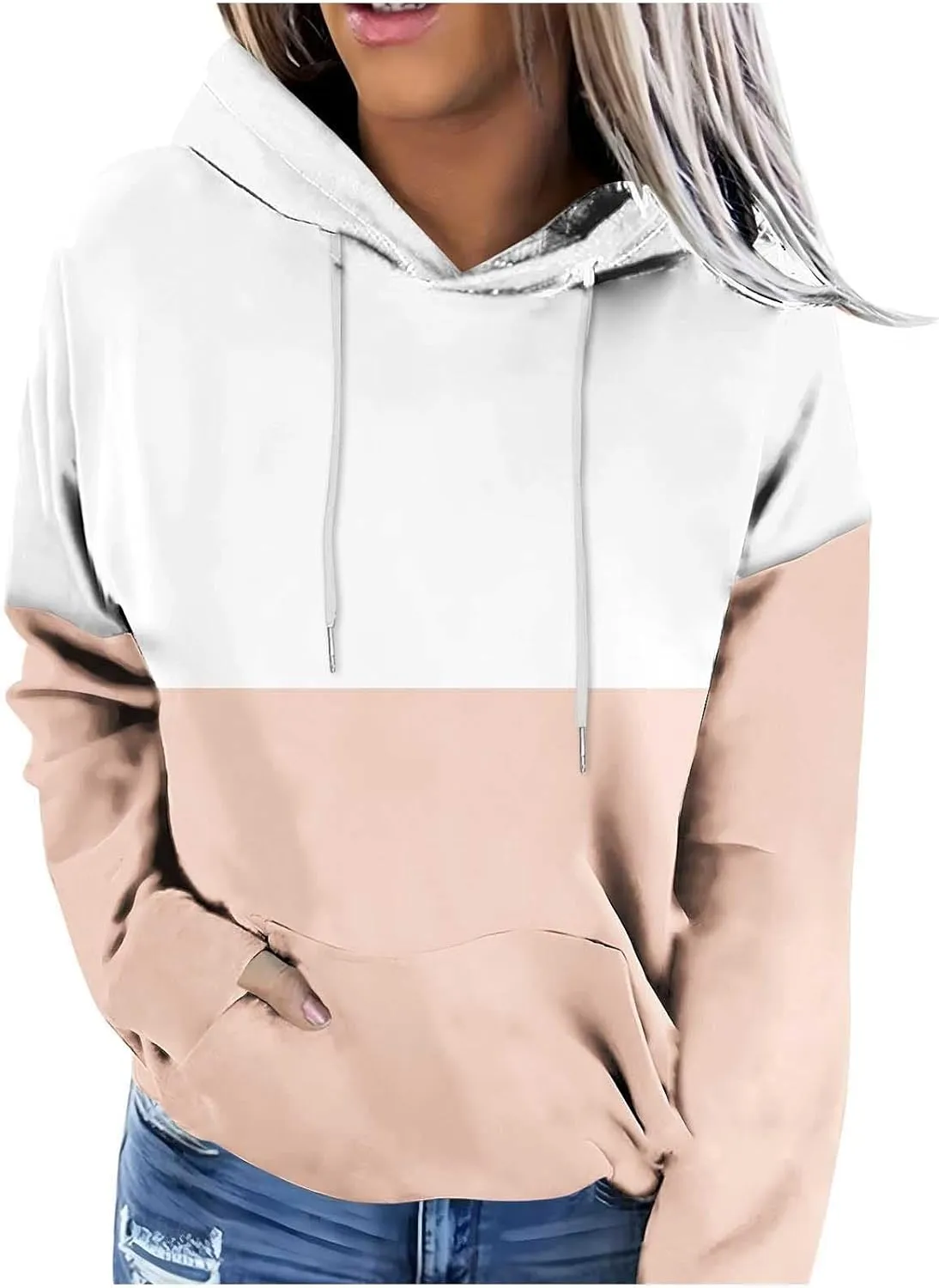 Women's Oversized Color Block Hooded Sweatshirt Fall Fashion Long Sleeve Drawstring Casual Pullover Tops with Pocket