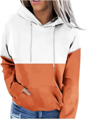 Women's Oversized Color Block Hooded Sweatshirt Fall Fashion Long Sleeve Drawstring Casual Pullover Tops with Pocket