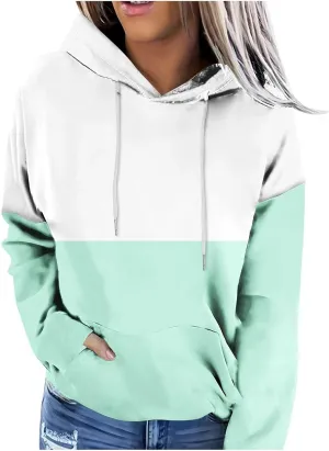 Women's Oversized Color Block Hooded Sweatshirt Fall Fashion Long Sleeve Drawstring Casual Pullover Tops with Pocket