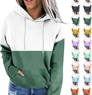 Women's Oversized Color Block Hooded Sweatshirt Fall Fashion Long Sleeve Drawstring Casual Pullover Tops with Pocket