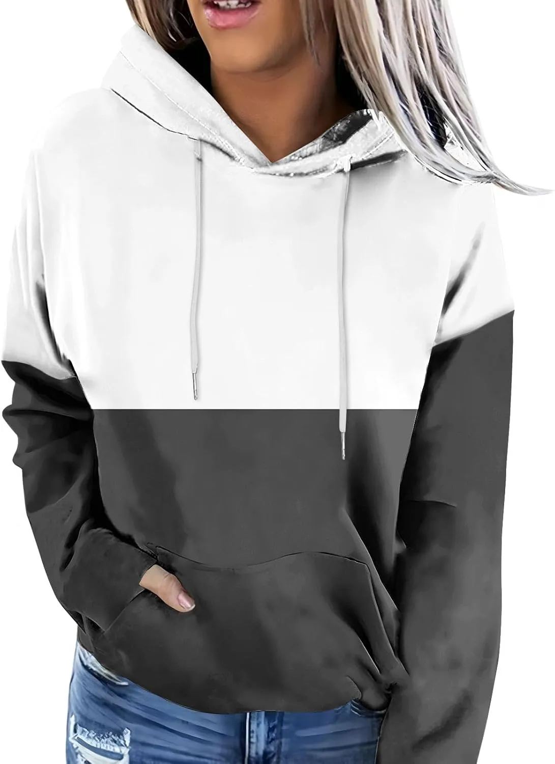 Women's Oversized Color Block Hooded Sweatshirt Fall Fashion Long Sleeve Drawstring Casual Pullover Tops with Pocket