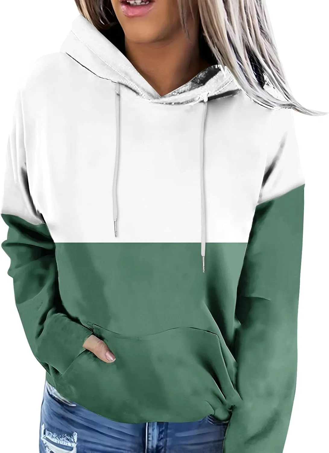 Women's Oversized Color Block Hooded Sweatshirt Fall Fashion Long Sleeve Drawstring Casual Pullover Tops with Pocket