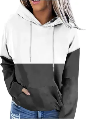 Women's Oversized Color Block Hooded Sweatshirt Fall Fashion Long Sleeve Drawstring Casual Pullover Tops with Pocket