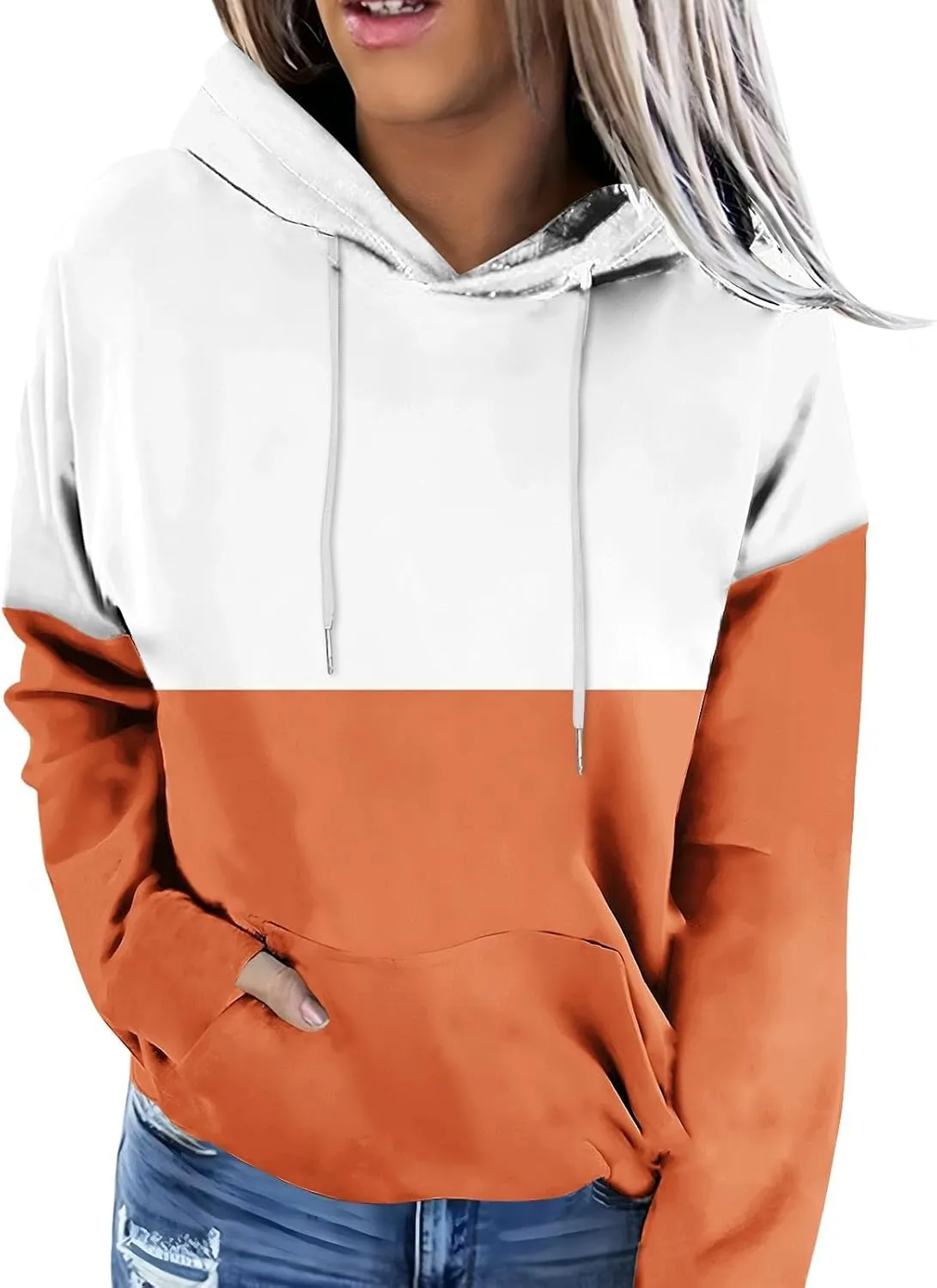 Women's Oversized Color Block Hooded Sweatshirt Fall Fashion Long Sleeve Drawstring Casual Pullover Tops with Pocket