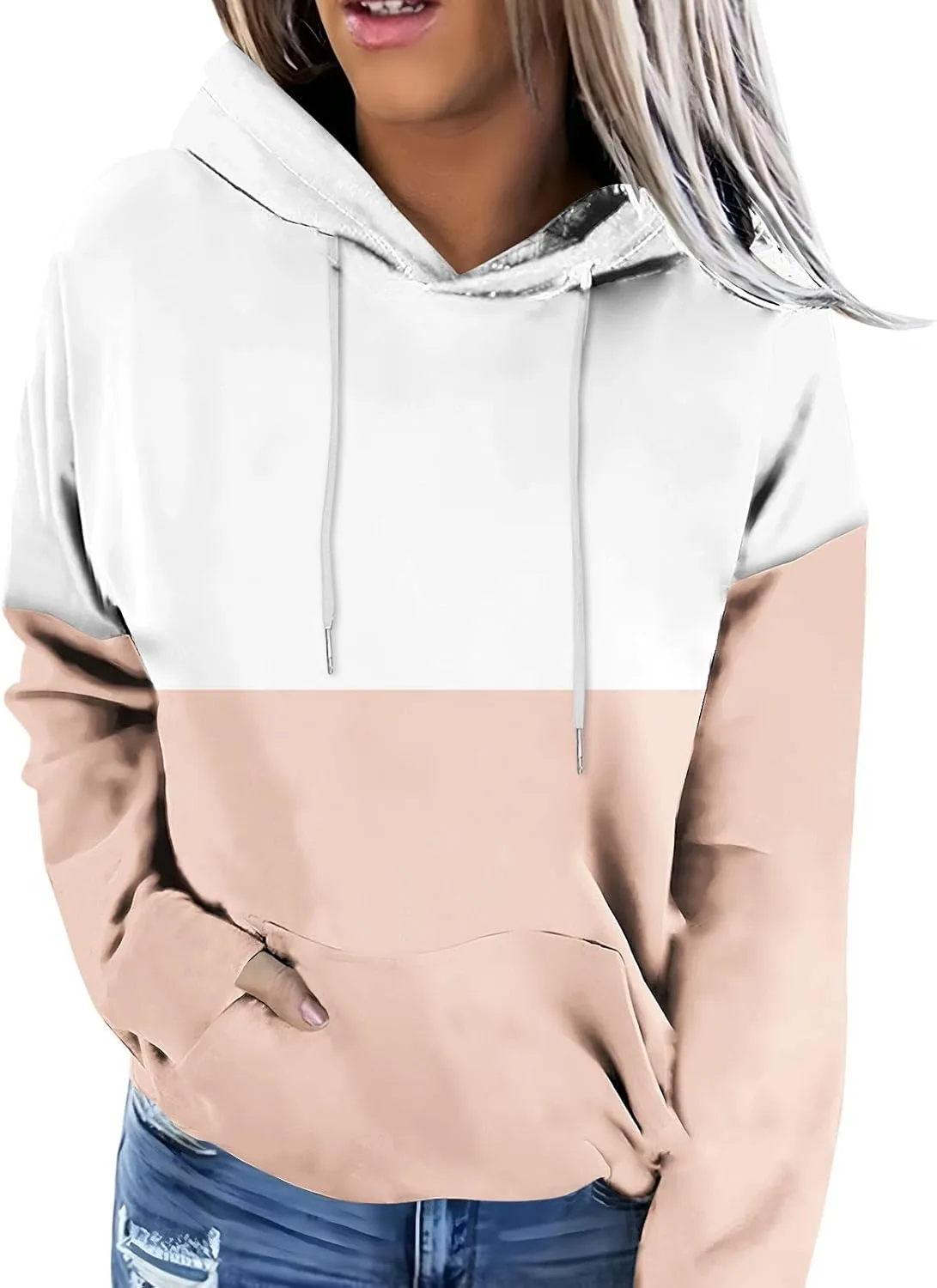 Women's Oversized Color Block Hooded Sweatshirt Fall Fashion Long Sleeve Drawstring Casual Pullover Tops with Pocket