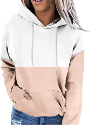 Women's Oversized Color Block Hooded Sweatshirt Fall Fashion Long Sleeve Drawstring Casual Pullover Tops with Pocket