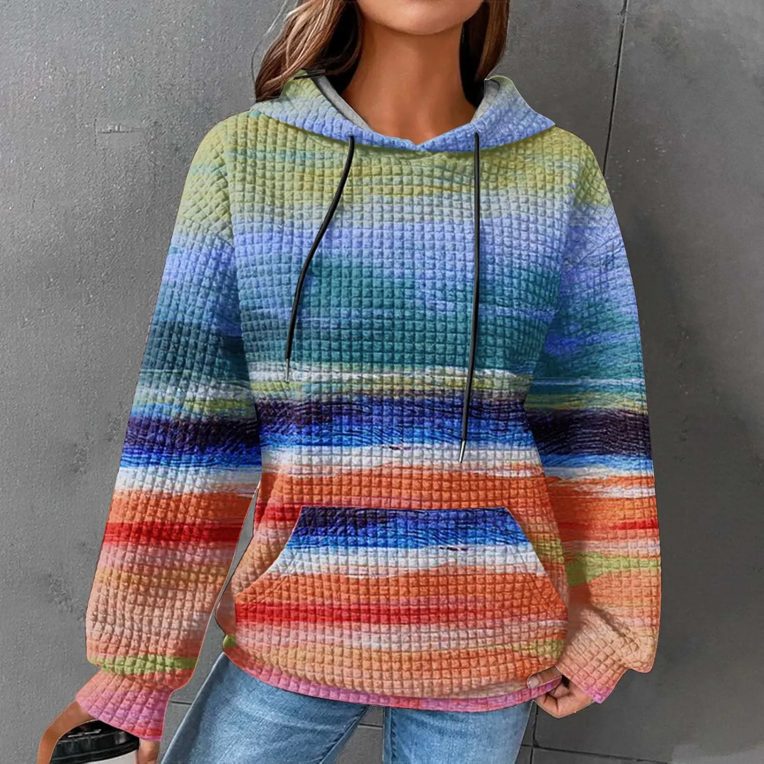 Womens Oversized Crewneck Sweatshirt Hooded Hoodie Long Sleeve Drawstring Waffle Pullover Trendy Shirts With Pocket