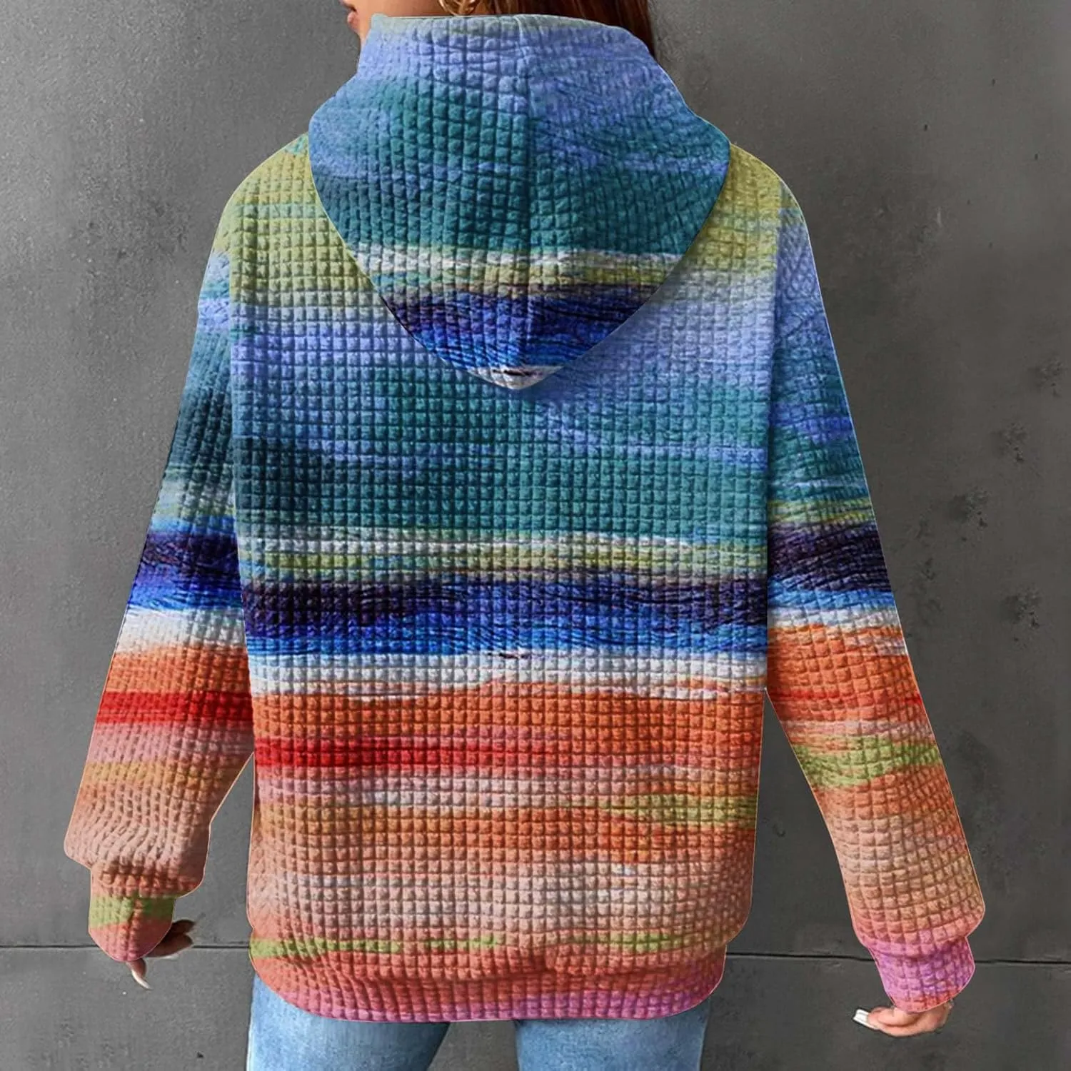 Womens Oversized Crewneck Sweatshirt Hooded Hoodie Long Sleeve Drawstring Waffle Pullover Trendy Shirts With Pocket