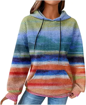 Womens Oversized Crewneck Sweatshirt Hooded Hoodie Long Sleeve Drawstring Waffle Pullover Trendy Shirts With Pocket