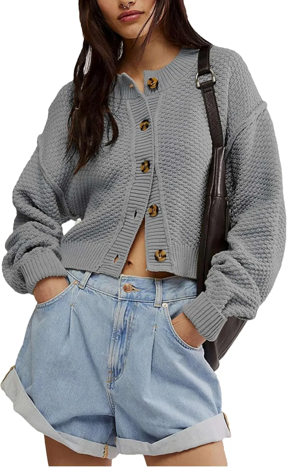 Women's Oversized Cropped Cardigan Sweater Open Front Long Sleeve Button Down Knit Outwear