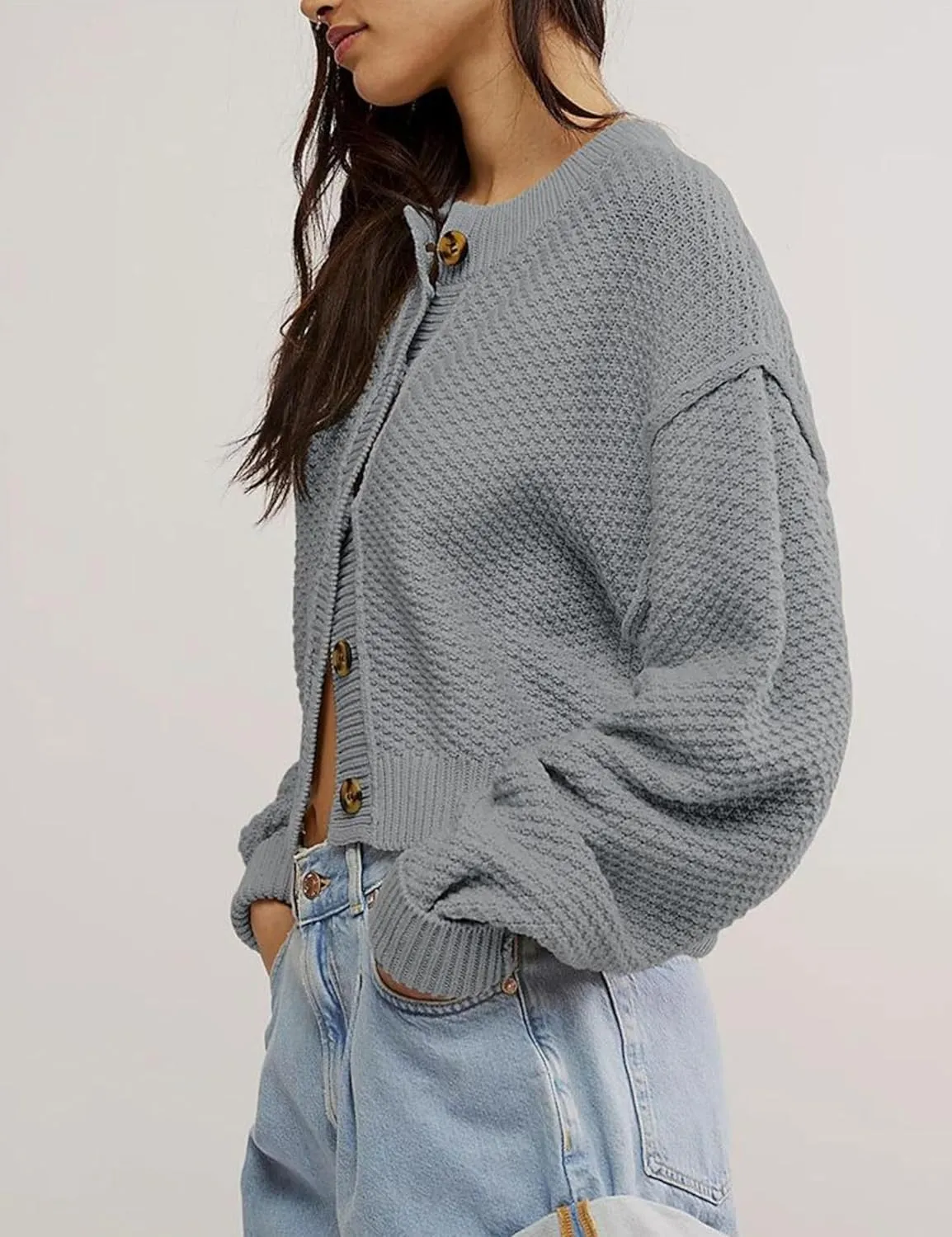 Women's Oversized Cropped Cardigan Sweater Open Front Long Sleeve Button Down Knit Outwear