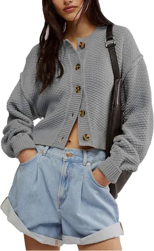 Women's Oversized Cropped Cardigan Sweater Open Front Long Sleeve Button Down Knit Outwear