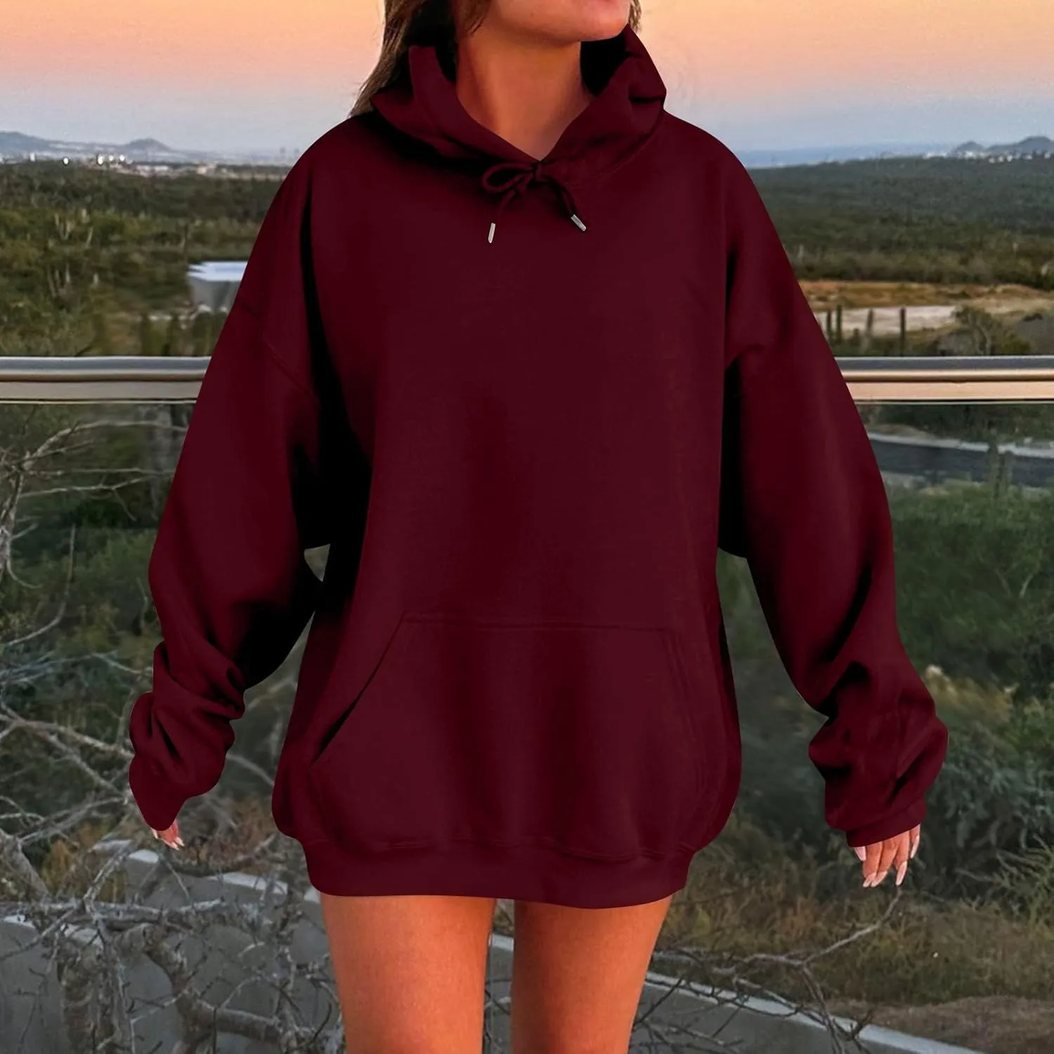 Womens Oversized Hoodies Casual Long Sleeve Sweatshirts Pullover Lightweight Soild Color Drawstring Sweatshirt Tops