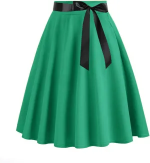Women's Pleated A Line Skirt Bow Skater Flared Midi Skirt Vinage High Waisted Skirts Solid Color Casual Skirts