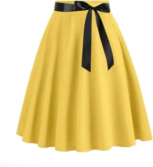 Women's Pleated A Line Skirt Bow Skater Flared Midi Skirt Vinage High Waisted Skirts Solid Color Casual Skirts