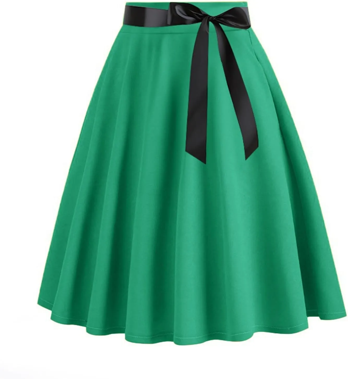 Women's Pleated A Line Skirt Bow Skater Flared Midi Skirt Vinage High Waisted Skirts Solid Color Casual Skirts
