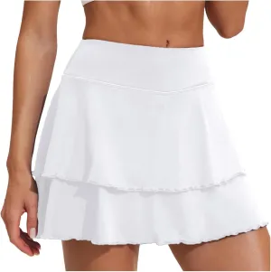 Womens Pleated Tennis Skirt Double Ruffle Flowy Golf Skort High Waisted Tummy Control Gym Running Athletic Skirts Wine XXL