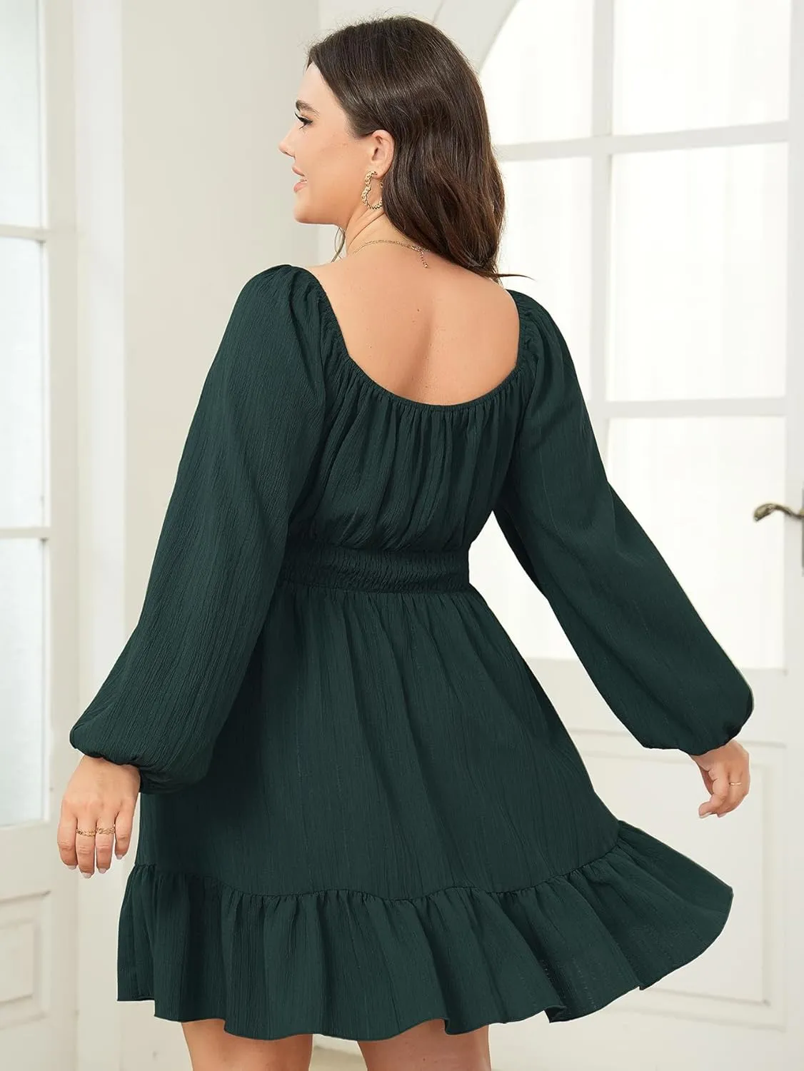 Womens Plus Size Dress Casual Long Lantern Sleeve Square Neck Textured Ruffle Flowy Ruched A-Line Mini Dresses for Women
